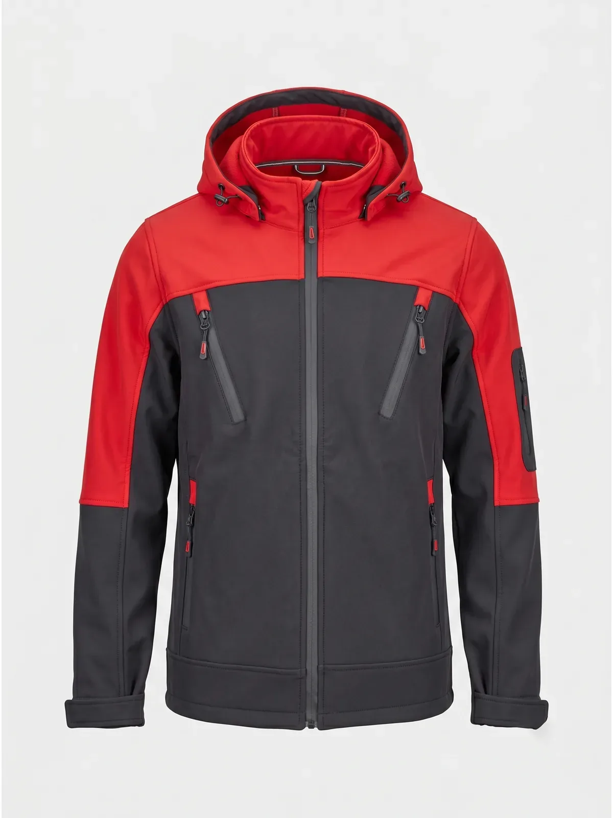 Kapüşonlu Softshell Mont Kırmızı Siyah için sol göğüs / sırt / kol logo uygulamalı ürün görseli