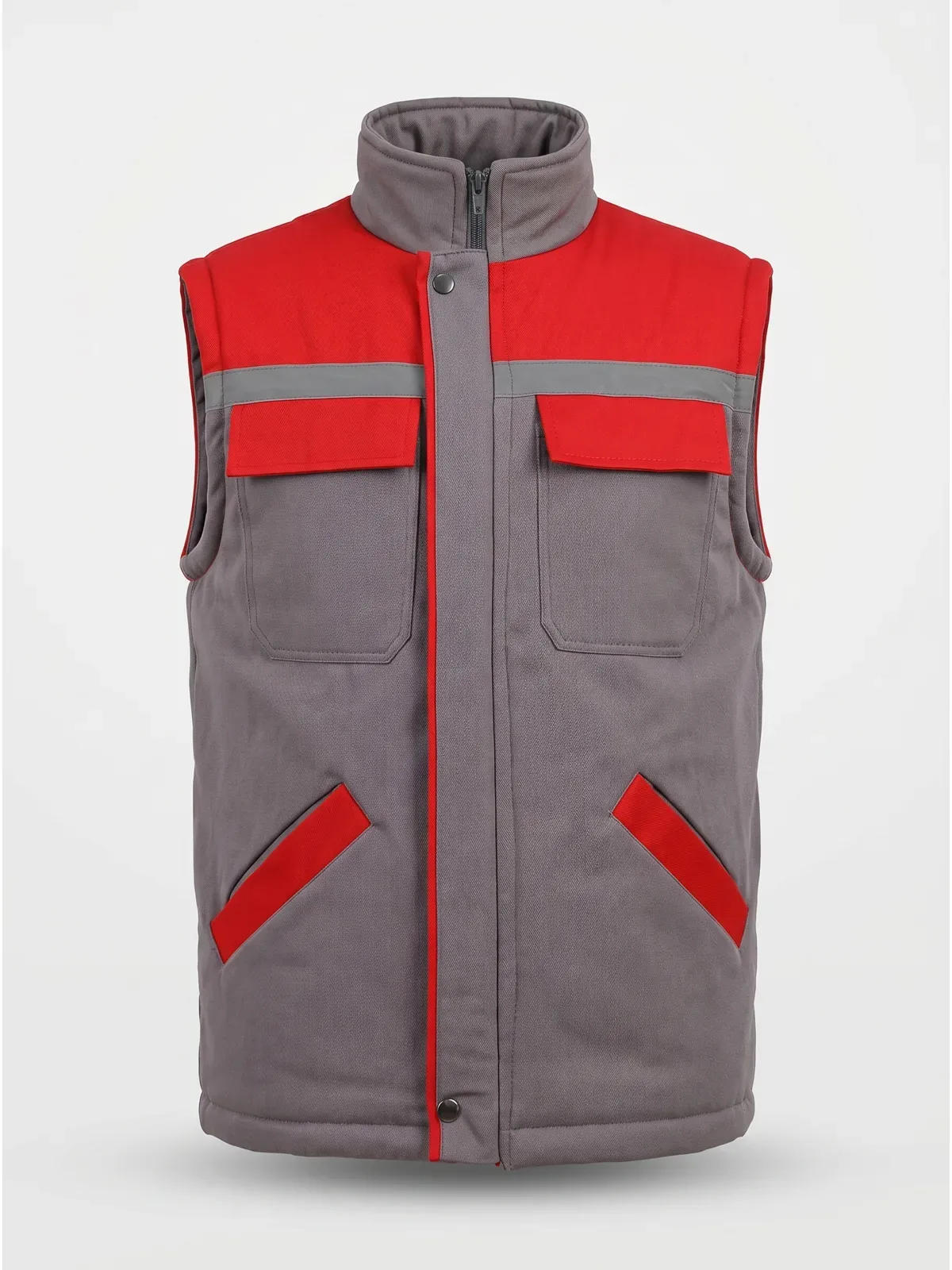 Gabardin İş Yeleği Reflektörlü Gri Kırmızı için sol göğüs / sırt logo uygulamalı ürün görseli