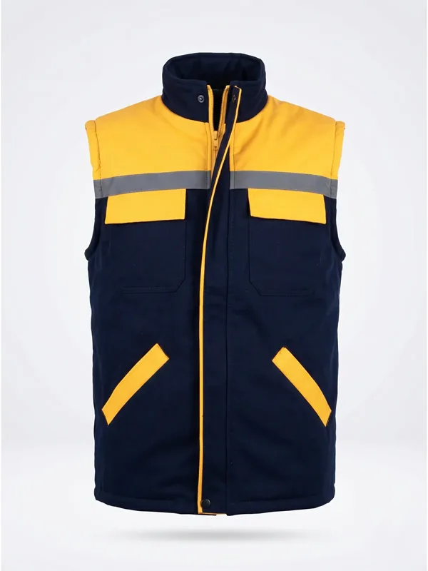Gabardin İş Yeleği Reflektörlü Lacivert Sarı için sol göğüs / sırt logo uygulamalı ürün görseli