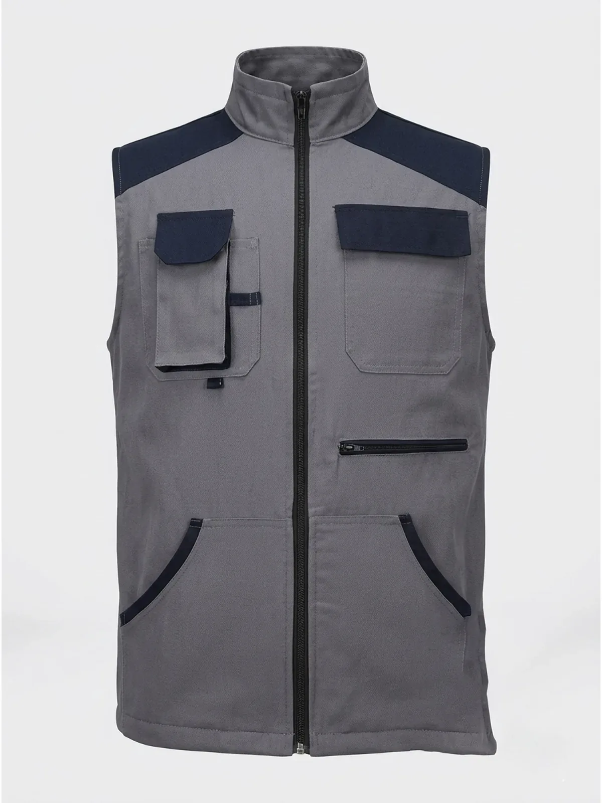 Gabardin İş Yeleği Detaylı Yazlık Gri Lacivert için göğüs cebi üstü logo uygulamalı ürün görseli
